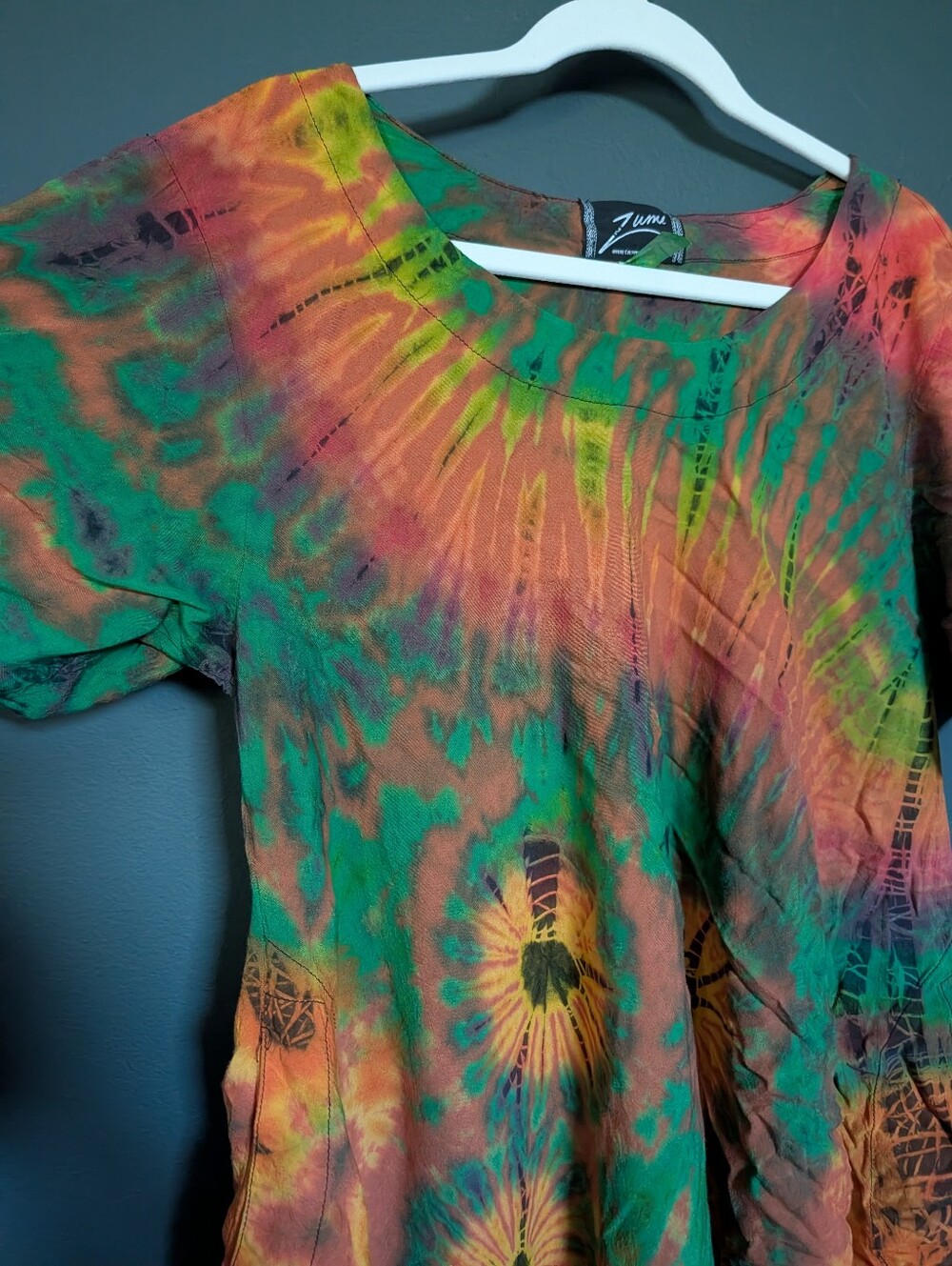 Zumi Green & Orange Tie-Dye Rayon Short Sleeve Tee With Pockets - Picture 4 of 7